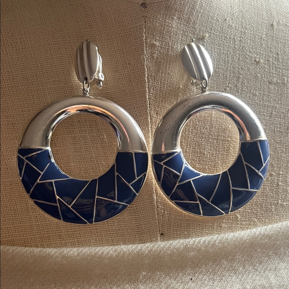 Silver and Navy Circular Mosaic Drop Earrings - Women Jewelry